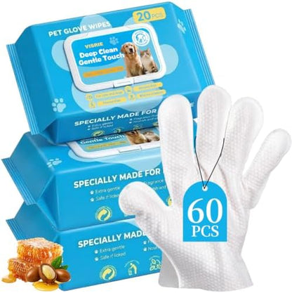 VISRIE 60 Pcs Pet Glove Wipes for Dogs & Cats, Thick Cleaning Gloves by VISRIE