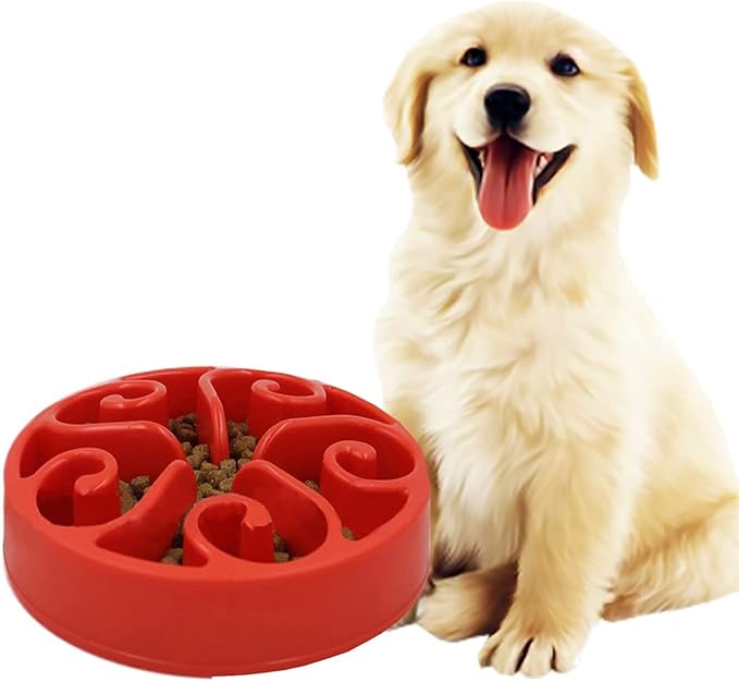Dog Bowl Slow Pet Feeders Non Skid Bowl Dog Water Bowl Dry Food Bowl Slow Feeder Fun Bowl Slow Eating Bowl for Small Dog Large Dog Medium (Red, L)