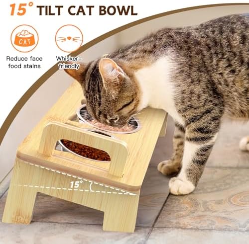Bamboo Elevated Cat Bowls, 3 Stainless Steel Raised Cat Bowl with Stand, 15°Tilted Cat Feeding Station, Cat Food and Water Bowl Set for Small Cats, Anti Vomitting, Whisker Fatigue (Natural) - Image 4