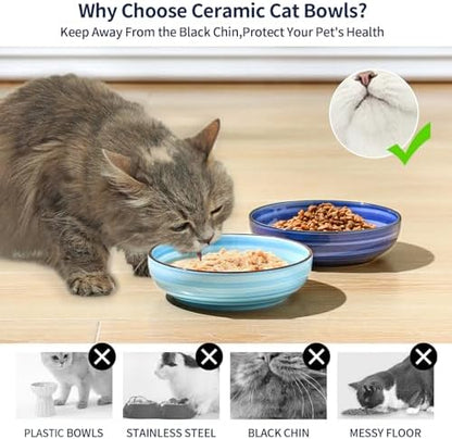 Selamica Ceramic Cat Bowls Set of 6, 5.6 Inch Cat Food Bowl, Gradient Blue - Image 4