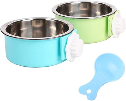Crate Dog Bowl, Removable Stainless Steel Water Food Feeder Bowls Hanging Pet Cage Bowl Cage Coop Cup for Dogs Cats Puppy Rabbits Bird and Small Pets (Large (Pack of 2), Round (Blue+Green))