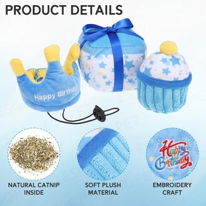 Cat Birthday Decorations Catnip Toys for Indoor Cats,4 Pack Cat Birthday Party Supplies with Birthday Hat,Bandana,Cake & Gift Box Interactive Plush Kitten Toys Filled with Crinkle Paper,Catnip - Image 6