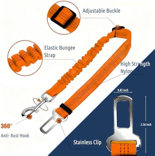 Dog Seat Belt for Car, Adjustable Dog Car Harness, Reflective Dog Seatbelt Leash with Elastic Bungee Buffer, Durable Nylon Pet Safety Dog Seat Belt for All Dog Sizes (Orange) - Image 2
