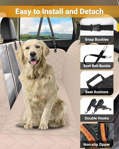 Dog Car Seat Cover, 600D Heavy Dute Car Seat Cover for Dogs Pets, 100% Waterproof Anti-Scratch Nonslip Dog Hammock for Cars, Seat Covers Protector with SeatBelt for Sedan SUV Truck Standard Khaki - Image 2