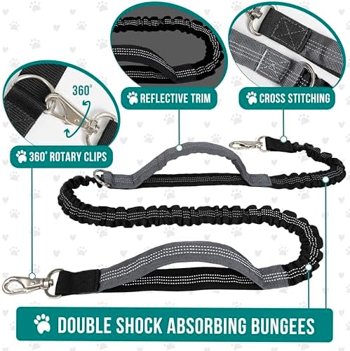 PetAmi Hands Free Dog Leash Belt Bag for Walking, Jogging - Double Zipper Pouch with Poop Bag Dispenser, Dual Padded Handles Reflective Bungee Leash, Single (Heather Grey) - Image 4