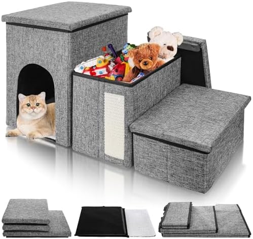 Dog Stairs for Small Dogs, 3 Tiers Dog Step with Storage, Foldable Older Cat Ramp with Condo Cat Scratcher, Portable Pet Ladder for High Bed Couch Chair Car, Up to 165 Lbs, 17 Inch by YIMITEE