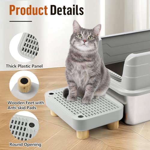 Litter Box Step, Cat Litter Ramp with Wooden Base, Light Grey - Image 4