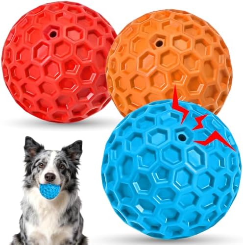 3 Pack Indestructible Squeaky Dog Balls for Aggressive Chewers, Interactive Dog Toys for Teething, Relieving Anxiety. Chew Toy for Large, Medium Breeds, Outdoor Rubber Balls. by CHEODIN