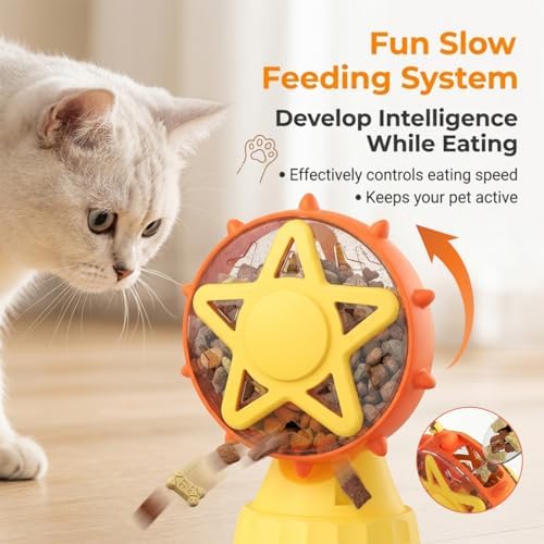 2-in-1 Interactive Cat Toy, Rotating Treat Dispenser with Strong Suction Cup & Teaser Wand, Adjustable Slow Feeder Puzzle Toy for Cats, Boredom Relief & Mental Stimulation Fits Kibble ,Treats (Yellow) - Image 3