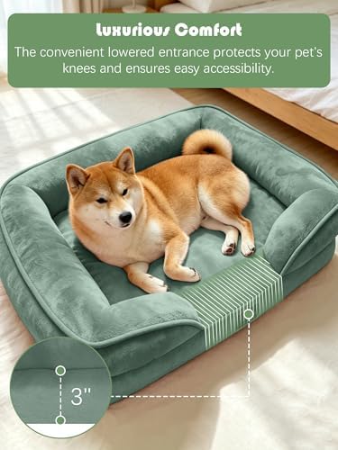 Spotted Play Orthopedic Dog Bed with Sides - Sofa Beds for Medium Dogs, Supportive Foam Pet Couch Bed with Washable Removable Cover, Waterproof Lining and Non-Slip Bottom, Green - M - Image 3