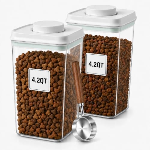 Pet Dog-Cat Airtight Food Storage-Container - 4.2Qt/4L jar(2Pc) with lid and 1/4Cup scoop | Holds 6–10 pounds of dry pet food | BPA-Free by USYOGO