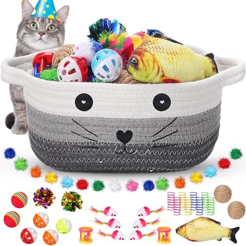 Zopeal 58 Pcs Cat Toy Set with Storage Basket Indoor, Multicolor, 9.8 Inch by Zopeal