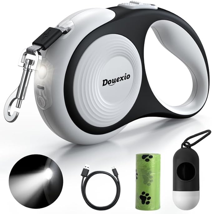 Retractable Dog Leash with LED Flashlight, Douexio Upgrade 3 in 1 Dog Leash Retractable for Small Medium Dogs Up to 66 lbs, 16ft, Anti-Slip Handle,One-Handed Brake (White)