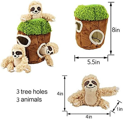 Glow Pups Hide and Seek Dog Toy, Interactive Burrow Dog Toy with Squeaker, Plush Sloth in Tree Trunk, Promotes Mental Stimulation, Easy to Clean, Small 8 x 5.5 inches, Brown (Small Sloth Tree)
