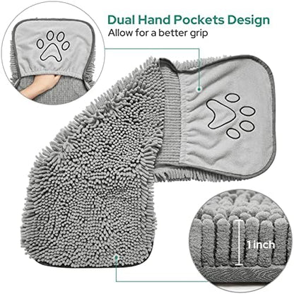 HOMEIDEAS 2 Pack Dog Towels Set, Chenille and Microfiber, Super Absorbent Soft Bath Shammy Towel with Hand Pockets for Pets Drying - Image 5
