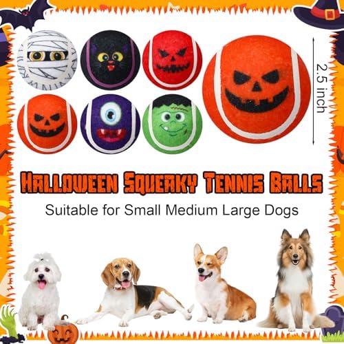 Civaner 6 Pcs Halloween Dog Toys Bulk, 2.5 Inch Squeaky Tennis Balls Gifts - Image 2