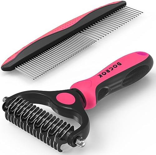 Docrok Pet Grooming Brush and Metal Comb Combo for Dogs & Cats, Pink by DOCROK