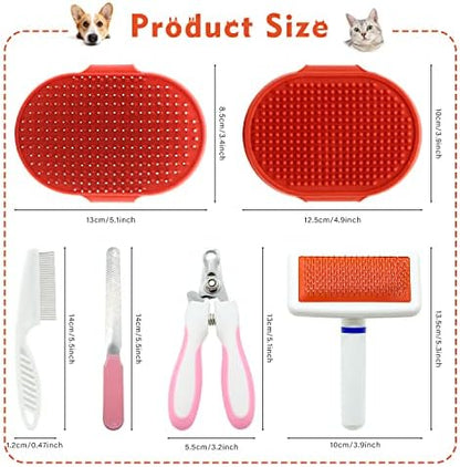 Cat Grooming Kit Set with Pet Shedding Slicker Brush Nail Clipper Trimmer Pet Massage Bath Glove Flea Comb for Bunny Puppy Kitten Guinea Pig Chinchilla Ferret Small Animals (Red, Pink) - Image 2