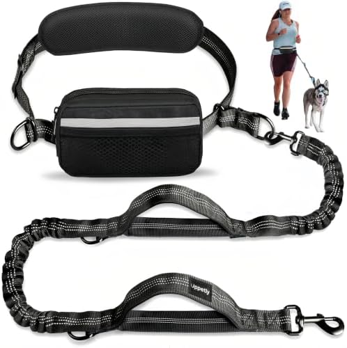 Uppetly Hands Free Dog Running Leash with Zipper Pouch, Dual Padded Handles, Elastic Bungees Retractable Rope for Large Dog, Adjustable Waist Belt, Reflective Stitches for Walking (Black, 25-120lb) by Uppetly