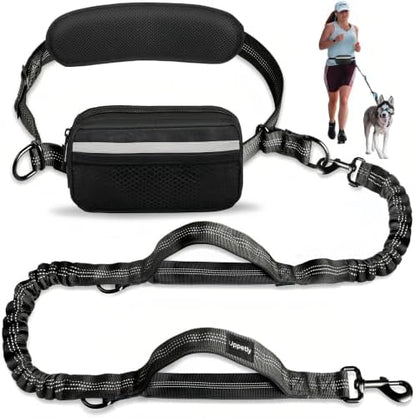 Uppetly Hands Free Dog Running Leash with Zipper Pouch, Dual Padded Handles, Elastic Bungees Retractable Rope for Large Dog, Adjustable Waist Belt, Reflective Stitches for Walking (Black, 25-120lb) by Uppetly