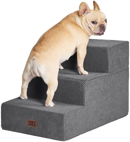 EHEYCIGA Dog Stairs for Small Dogs 16.5" H, 3-Step Extra Wide Ramp, Grey by EHEYCIGA