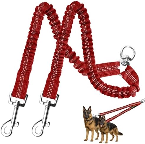MingXpet 2 Dog Leash, Dog Leash for 2 Dogs, 360° Swivel No Tangle Double Walking Training Leashes for Large Dogs that Pull, Comfortable Shock Absorbing Reflective Bungee, Red by MingXpets
