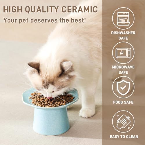 Shallow Wide 6" Elevated Cat Bowls Ceramic Raised Cat Food Dish, Anti Vomiting, Protect Cat's Spine, Pale Turquoise - Image 4