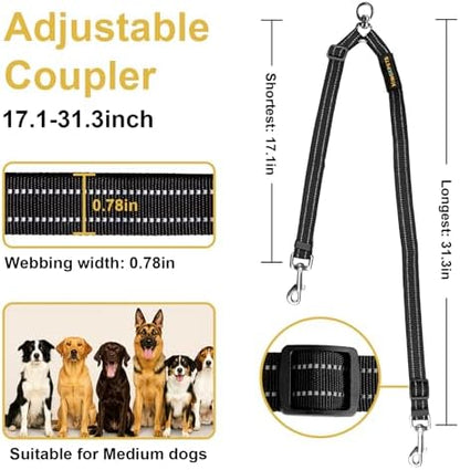 MingXpet Double Dog Leash for Two Dogs, No Pull Dog Leash, 360° Swivel No Tangle for Medium Dogs Walking & Training, Shock Absorbing Reflective Bungee, Black - Image 2