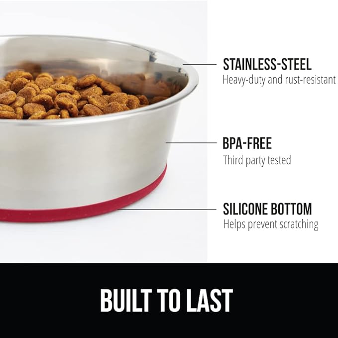 GORILLA GRIP Dog Bowl, Holds 6 Cups (48 fl oz), Food Grade 304 Stainless Steel Food and Water Bowl for Feeding Dogs and Cats, BPA Free Rubber Base, Easy Clean, Dishwasher Safe, Rust Resistant, Red