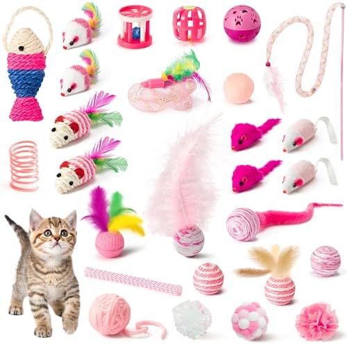 MALLMALL6 Cat Toy Set Interactive Cat Toys 27Pcs Pack Stuff Pink Feather Teaser Wand Springs Mice Sisal Fish Crinkle Balls Bell Balls, Puzzle Pack for Indoor Kitty Play Exercise by MALLMALL6