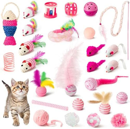 MALLMALL6 Cat Toy Set Interactive Cat Toys 27Pcs Pack Stuff Pink Feather Teaser Wand Springs Mice Sisal Fish Crinkle Balls Bell Balls, Puzzle Pack for Indoor Kitty Play Exercise by MALLMALL6