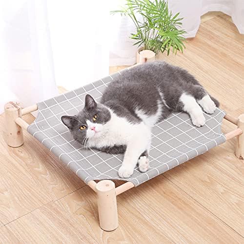 Pozico Elevated Cat Bed for Small Dogs & Cats – Raised Pet Hammock Bed, Wooden Frame Indoor Outdoor Dog Cot, Breathable Mesh Puppy Bed, Portable Cat Lounger – Grey Grid - Image 2