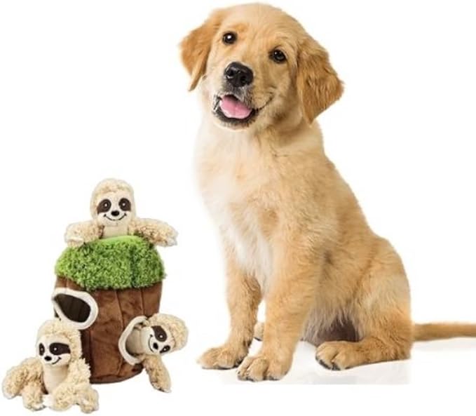 Glow Pups Hide and Seek Dog Toy, Interactive Burrow Dog Toy with Squeaker, Plush Sloth in Tree Trunk, Promotes Mental Stimulation, Easy to Clean, Small 8 x 5.5 inches, Brown (Small Sloth Tree)