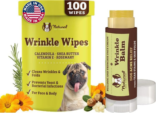Natural Dog Company Wrinle Balm Bundle, (1) Dog Wrinkle Wipes, 50 Count (1) Travel Balm Stick, Dog Lotion for Dry Itchy Skin, Cleans Wrinkles, Plant Based, Dog Face Wipes by NaturalDogCompany