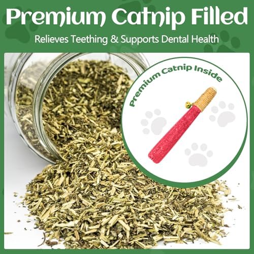 4 Pack Hand-Rolled Catnip Sticks with Chew Rope & Bell -Shaped Cat Toys for Indoor Cats and Kicker Toys, Teething Chew and Play Fun (Pink) - Image 3