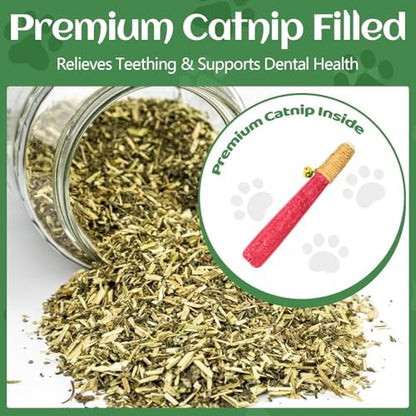 4 Pack Hand-Rolled Catnip Sticks with Chew Rope & Bell -Shaped Cat Toys for Indoor Cats and Kicker Toys, Teething Chew and Play Fun (Pink) - Image 3