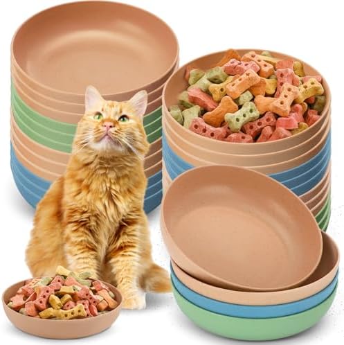 Tioncy 24 Pcs Cat Food Bowl 5.5'' Fatigue Relief Shallow Cat Food Dish Wide and Small Pet Wet Plate Wide Stray Wet Feeding Bowl for Ferrets Feral Short Legged Kitten, Wheat Straw(Three Color,Classic) by Tioncy
