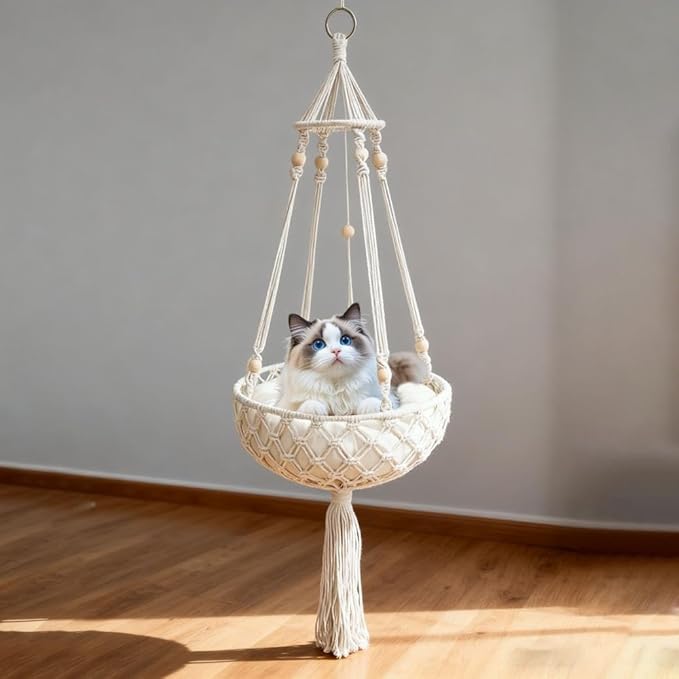Cat Hammock Bed, 12x43Inch Handwoven Hanging Boho Cat Bed with Hanging Kit for Indoor Outdoor Home Decor Ceiling Swing for Playing Sleeping Climbing and Lounging, Wall Furniture (Round+Pad)