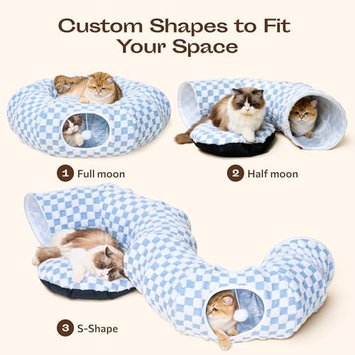 Meowfia Indoor Cat Tunnel with Donut Bed - Large Flexible Play Space for Multiple Pets - Circle or Snake Shape, Cozy Lounge (Azure Check) - Image 5
