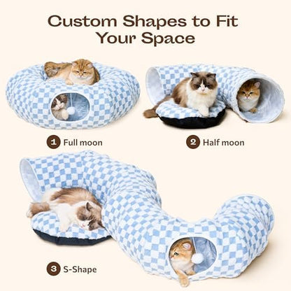 Meowfia Indoor Cat Tunnel with Donut Bed - Large Flexible Play Space for Multiple Pets - Circle or Snake Shape, Cozy Lounge (Azure Check) - Image 5