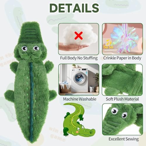 Mihachi No Stuffing Crinkle Dog Toys, 2-in-1 Holds Water Bottles - Cruncher with Puncture Resistant Squeaker, Dog Squeak Toys Plush Dogs Chew Toy for Puppy Small Medium Large Breed Chewer, Crocodile - Image 3