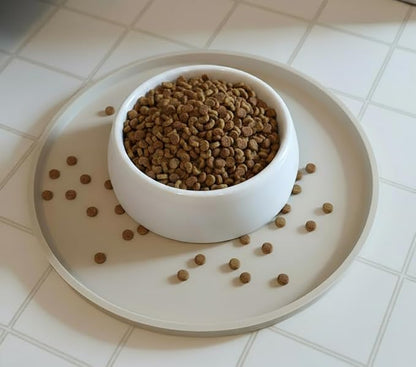Arespark Dog Food Mat, Nonslip Waterproof Dog Silicone Feeding Bowl Mat with Raised Edges for Floors Prevent Spills, Round Eating Plate Puppy Supplies 10inch (Off White, 1 Pack)