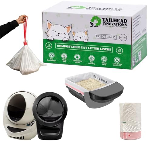 Tailhead Robot Liners – 100% Compostable - Compatible With Litter Robot 3/4 – 25" x 16" – Drawstring Close – Scent & Toxins Free – 40 Micron - Rip & Tear Resistant – 20 Count by TailheadInnovations