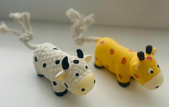 Squeaky Dog Chew Toys, Set of 2 Cow Shaped, with Rope