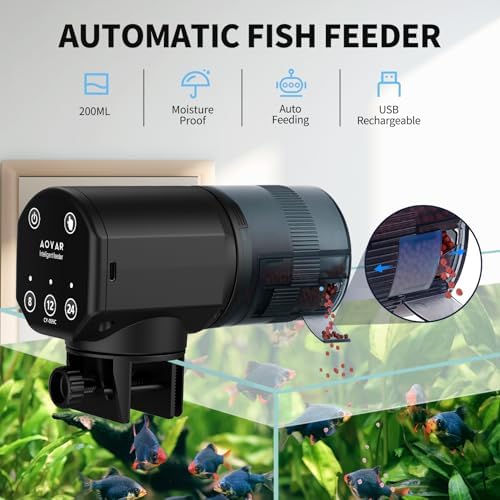 Automatic Fish Feeder for Aquarium: Rechargeable Fish Feeder Dispenser,Moisture-Proof & 200ML Large Capacity Betta Turtle Vacation Feeder,Auto Fish Food Dispenser Timer for Weekends/Business - Image 2