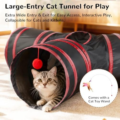 Tempcore Cat Tunnel, 3-Way Collapsible Toy for Indoor Cats, Black & Red - Image 4