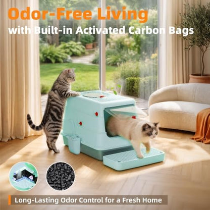 4-in-1 Stainless Steel Cat Litter Box with Lid and High Sides, Mint Pop - Image 3