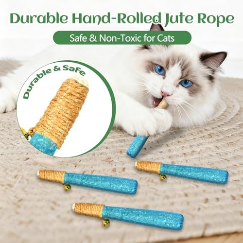 4 Pack Hand-Rolled Catnip Sticks with Chew Rope & Bell -Shaped Cat Toys for Indoor Cats and Kicker Toys, Teething Chew and Play Fun (Blue) - Image 2