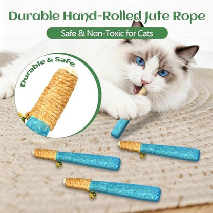 4 Pack Hand-Rolled Catnip Sticks with Chew Rope & Bell -Shaped Cat Toys for Indoor Cats and Kicker Toys, Teething Chew and Play Fun (Blue) - Image 2