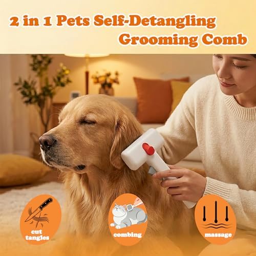 2-in-1 Pet Dematting Comb & Undercoat Rake, Self-Cleaning Deshedding Brush for Dogs & Cats, Safely Removes Mats, Tangles and Loose Fur for Long or Short Hair(White) - Image 2